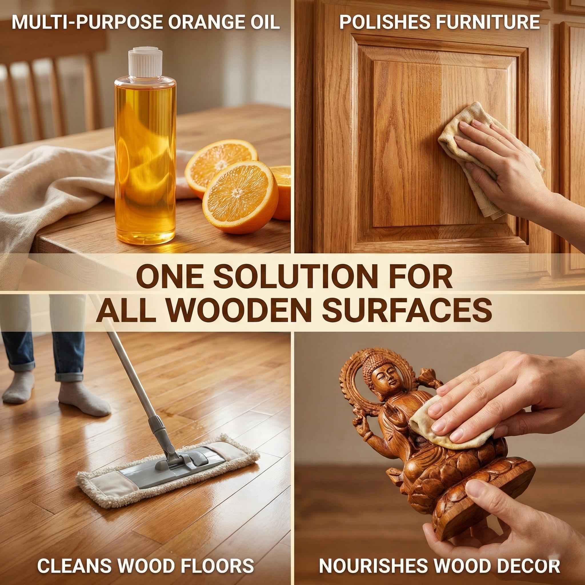 Removing grease from kitchen cabinets using orange oil cleaner.